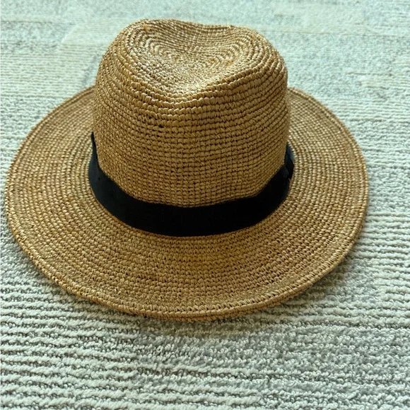 Zara Straw Fedora Hat in Tan with Black Band - Picture 1 of 4